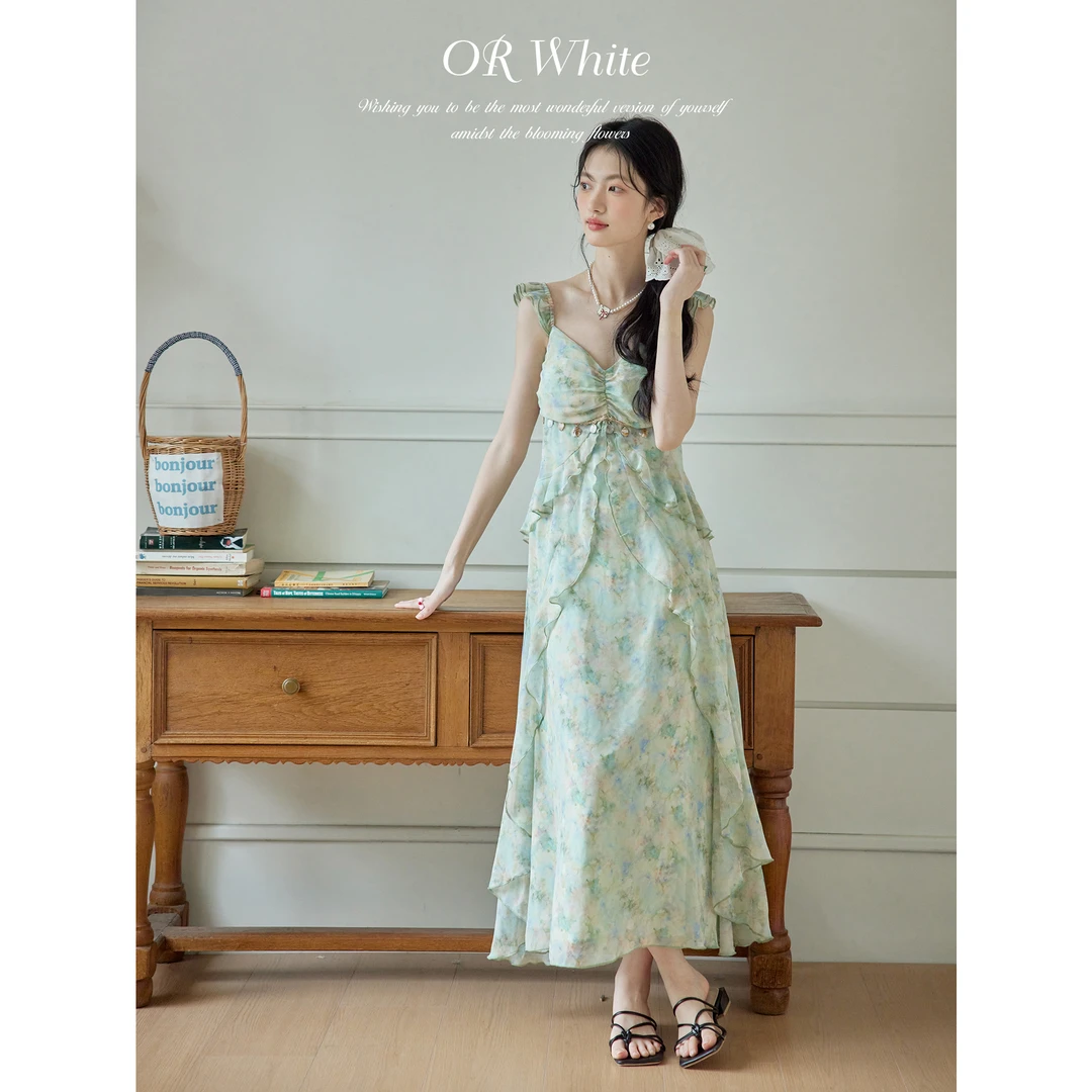 ORWhite 法式复古重工吊带飞飞袖碎花连衣裙女夏季显瘦收腰连衣裙