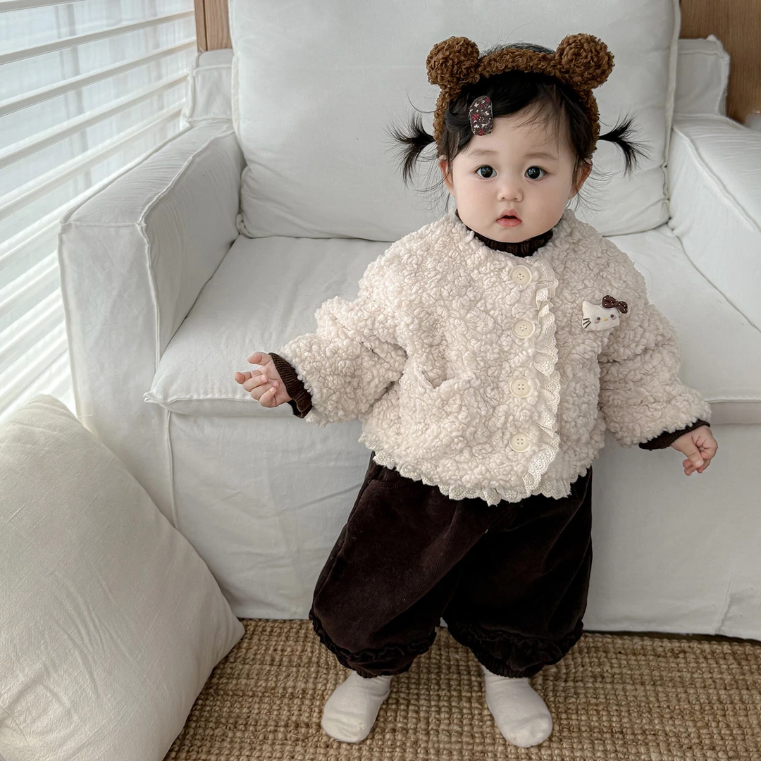婴儿毛毛外套超萌可爱加厚保暖冬季韩系凯蒂猫女宝宝加绒衣服套装