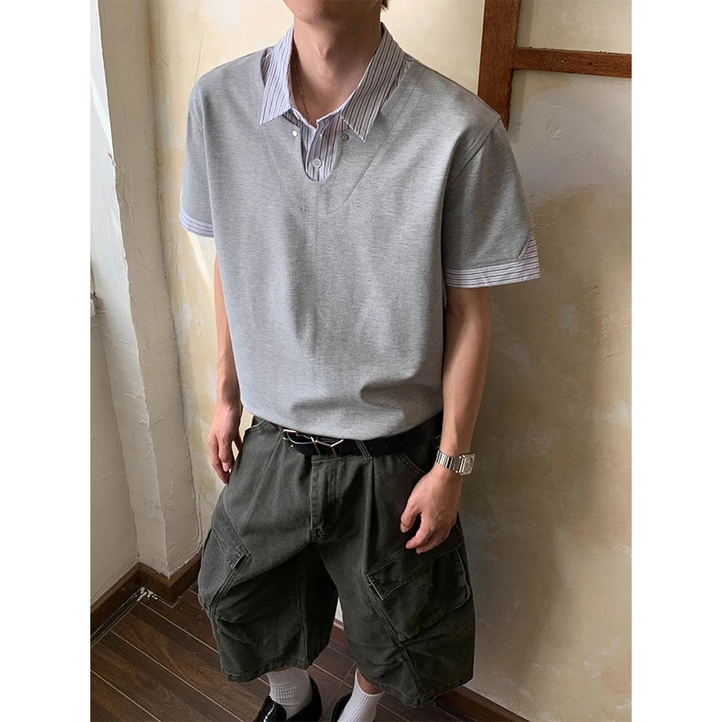 假两件条纹拼接短袖polo衫男夏季高级感翻领t恤cleanfit痞帅上衣