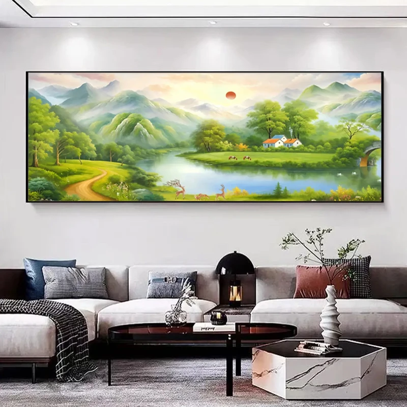 聚宝盆客厅挂画轻奢高级感沙发背景墙装饰画旭日东升山水风景画