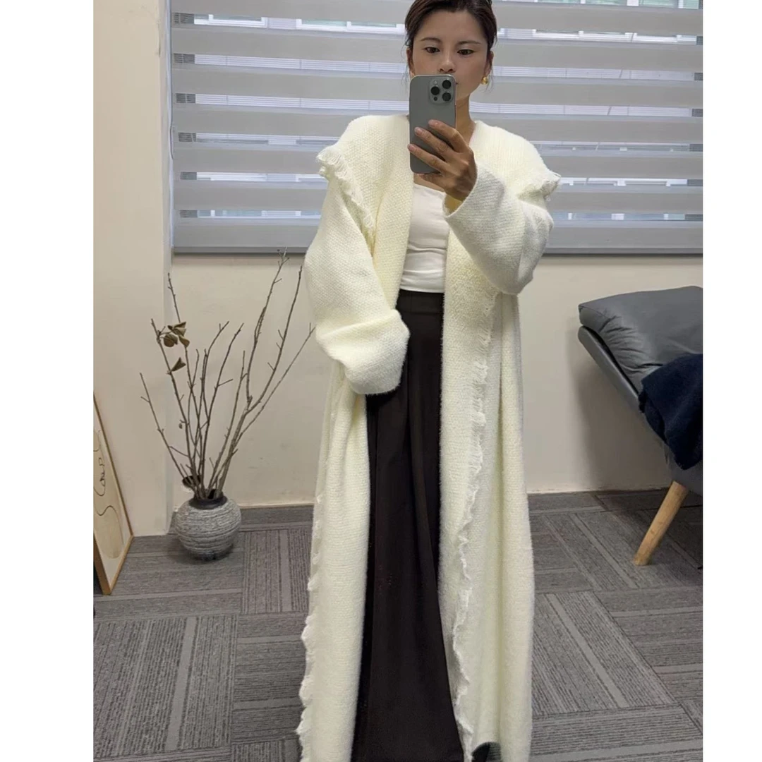 加长125公分2025新款流苏腰带款毛衣外套女针织开衫长款连帽加厚