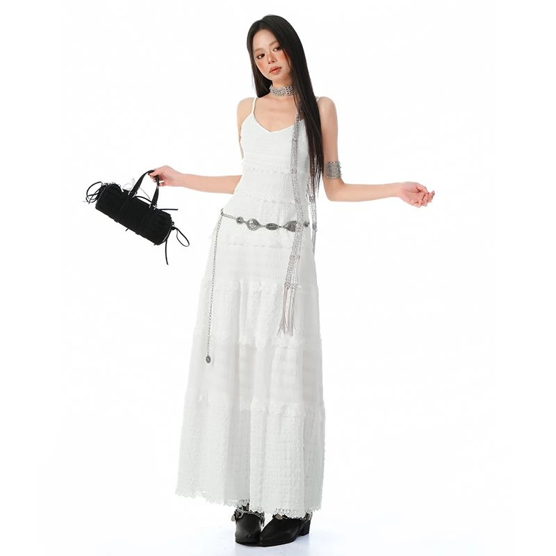 JWUW 白色吊带连衣裙女夏季法式高级感温柔蕾丝露背长裙