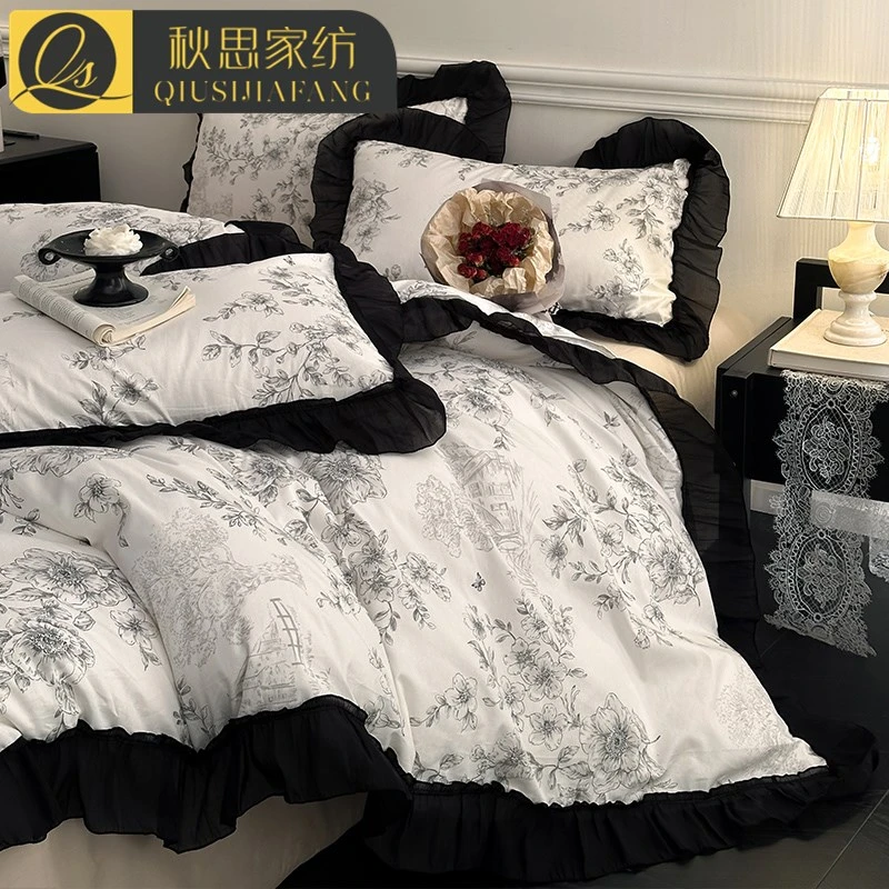 复古法式赫本风花边纯棉四件套床上用品全棉花边被套床单笠三件套