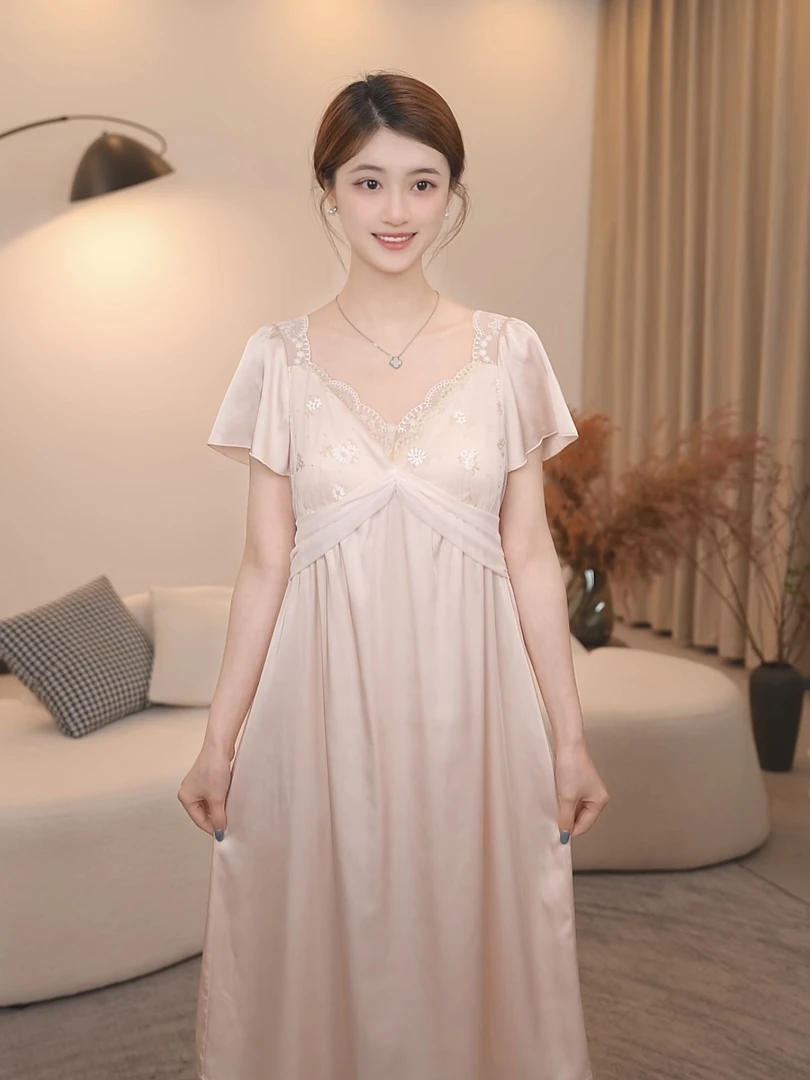 板栗小姐【花晓x】夏季短袖长裙薄款甜美睡衣家居服蕾丝花边气质