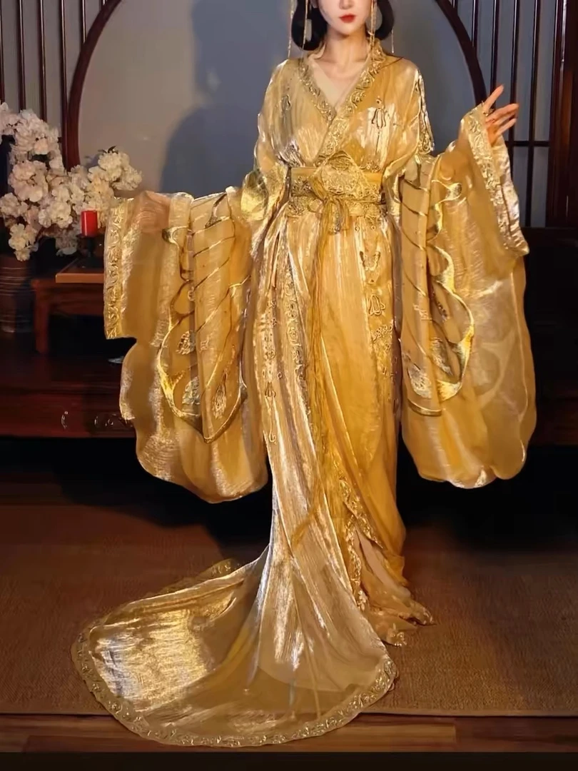 汉服女子颂游园惊梦重华战国袍直裾魏晋风重工刺绣金色广袖仙套装