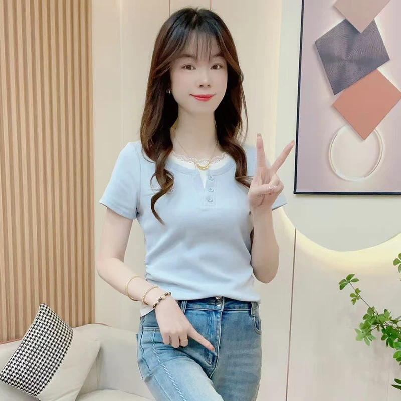 高含棉时尚洋气短袖t恤女2025年夏季新款修身蕾丝拼接假两件上衣