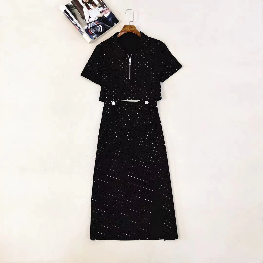 6206*短袖显瘦气质轻奢时尚夏季黑色收腰套装