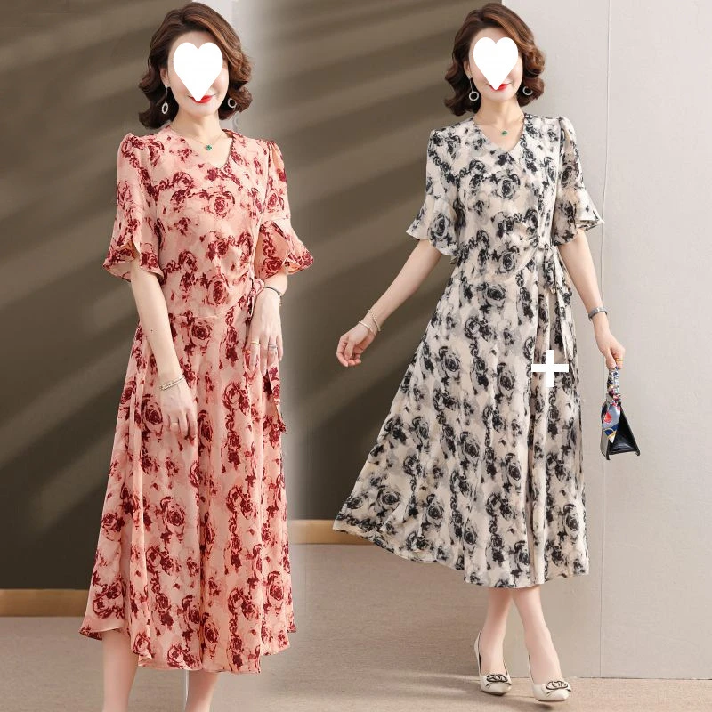 中年妈妈夏装时尚洋装中老年女士夏季气质新款洋派高贵短袖裙子显