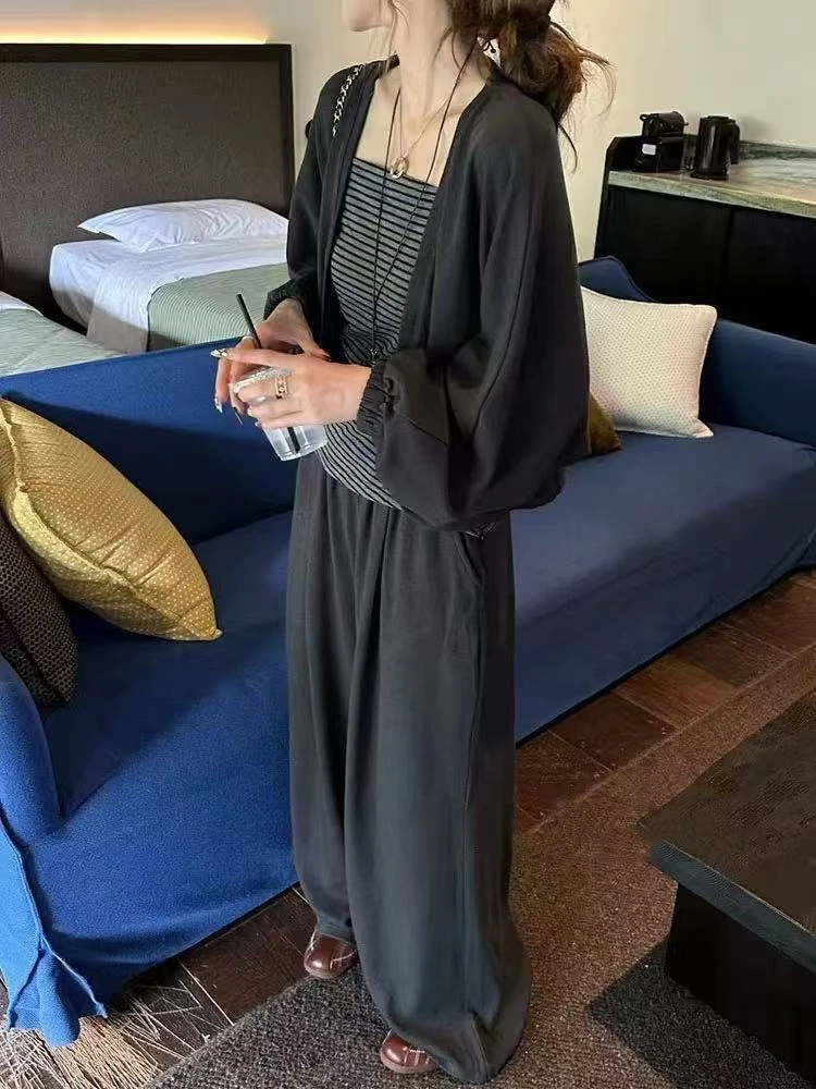 Y33B21-WT韩版时尚休闲针织衫披肩吊带阔腿裤三件套装