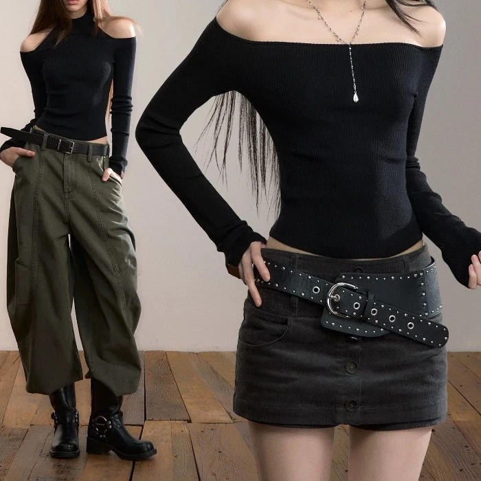 【Pure3s】设计感正反两穿小高领露肩毛织打底T恤女装秋冬修身上衣