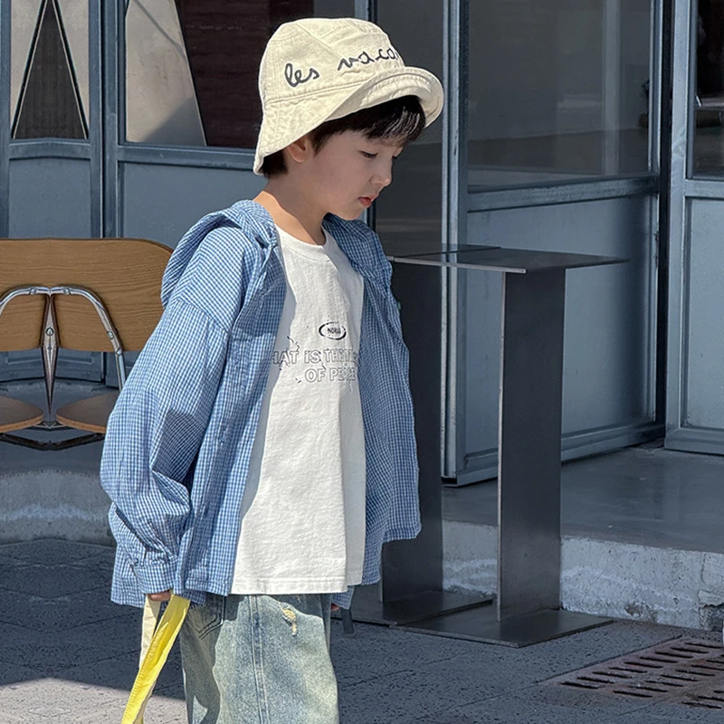 WX5028棉小班童装中大童轻薄款格子外套夏季男童连帽长袖上衣
