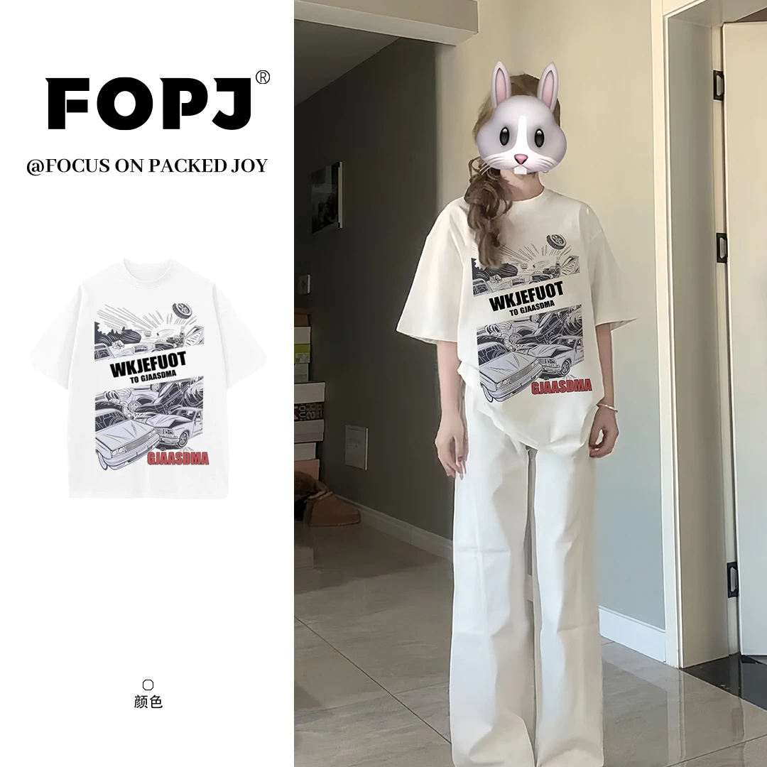 FOPJ美式高街设计感汽车印花复古潮流短袖t恤女打底内搭休闲上衣