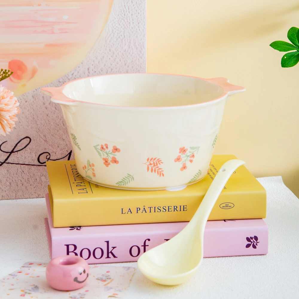 釉下彩家用陶瓷创意餐具粉色海洋十英寸蝴蝶结双平耳加厚汤桶加勺