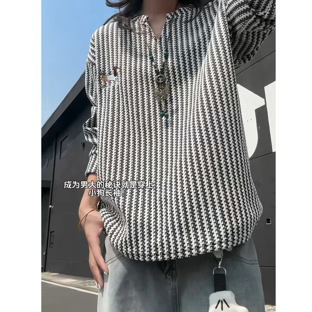 刺绣小狗条纹长袖衬衫男秋季千鸟格v领美式复古老钱风休闲衬衣