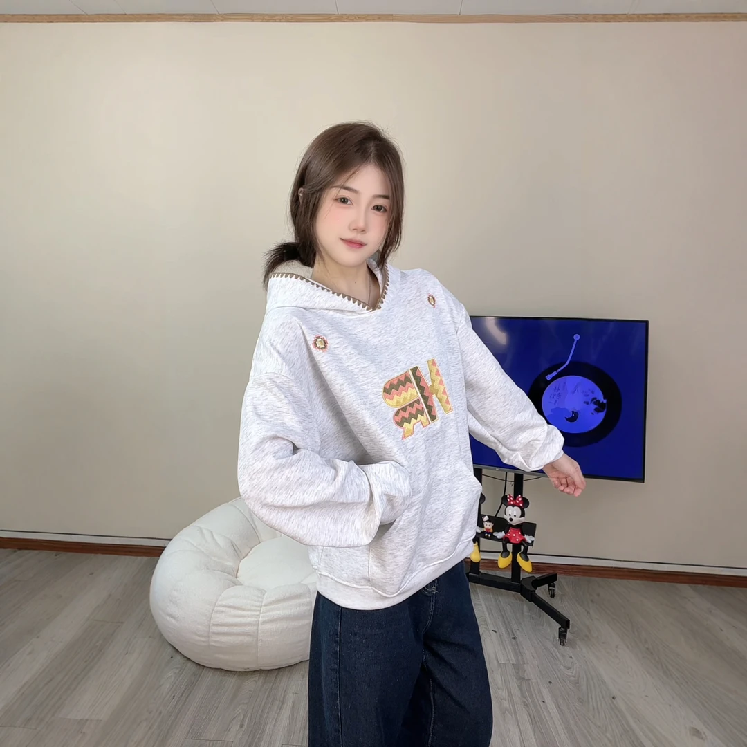 美式复古重工刺绣连帽卫衣女春秋薄款宽松韩版慵懒风设计感外套潮