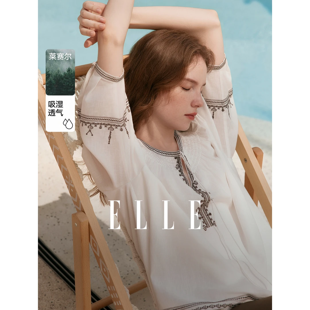 【粉丝专属】ELLE波西米亚绣花亚麻小衫女2025夏衬衣EM51231