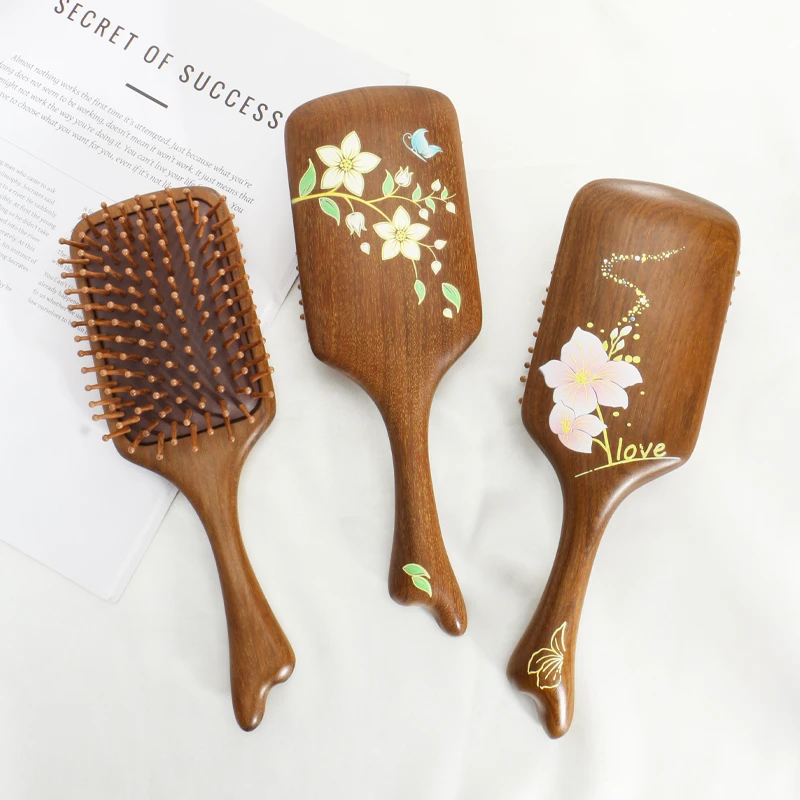 一把装复古天然气囊按摩梳女士专用顺发梳丁香花造型实木梳约25CM