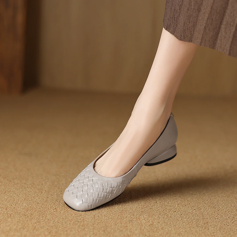3CM，头层羊皮粗跟浅口方头单鞋秋夏复古百搭编织皮鞋软底通勤女鞋