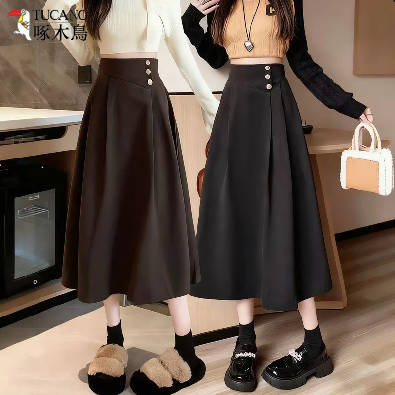 TUCANO/啄木鳥秋冬加厚高腰中长款毛呢半身裙子遮胯气质百褶裙女