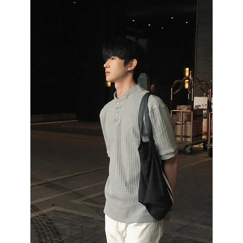 美式老钱风cleanfit亨利领T恤男夏季肌理感立领短袖宽松半袖上衣