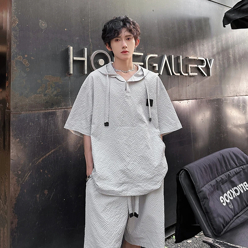 美式泡泡纱速干短袖短裤两件套男夏季冰丝酷帅青少年休闲运动套装