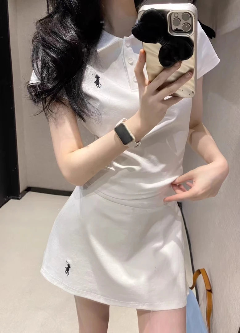 现货夏装刺绣小马休闲运动减龄上衣POLO衫+裙裤防走光半身裙套装