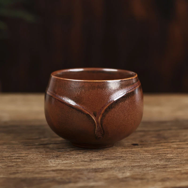 小黑百搭手工个性茶道器具红金釉罗汉杯（Q4119）