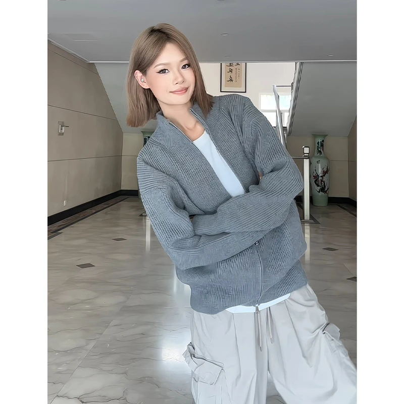 美式休闲立领毛衣外套男女款秋冬季拉链开衫夹克宽松潮牌针织线衫