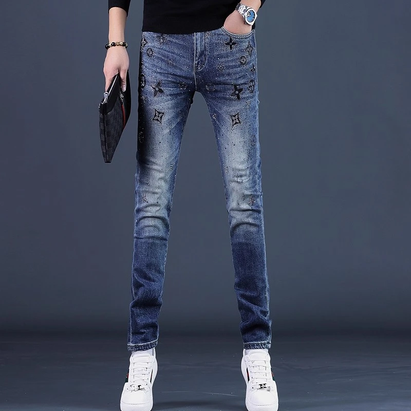 Cebrodz秋季新款印花烫钻牛仔裤男潮牌修身小脚潮流弹力男士裤子