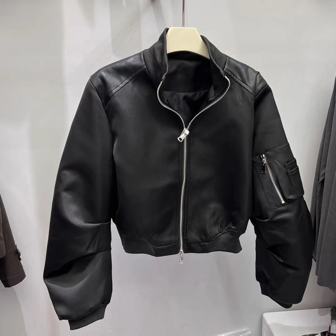 527#黑色夹克短款外套女秋季2025新款宽松显瘦皮衣拼接棒球服上衣