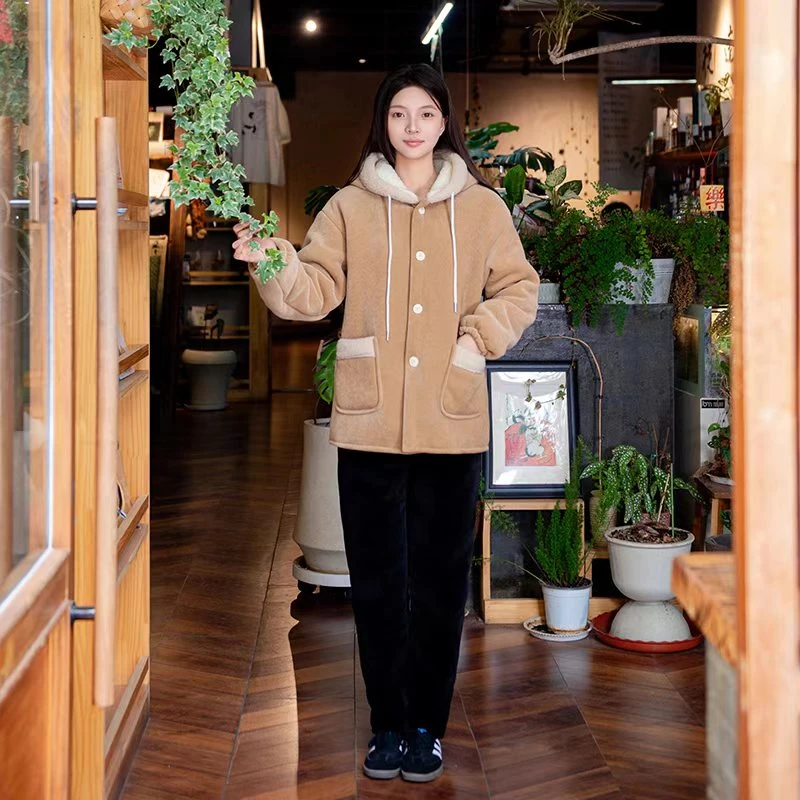 3层加厚夹棉冬季家居服套装连帽宽松休闲百搭可外穿女家居服睡衣