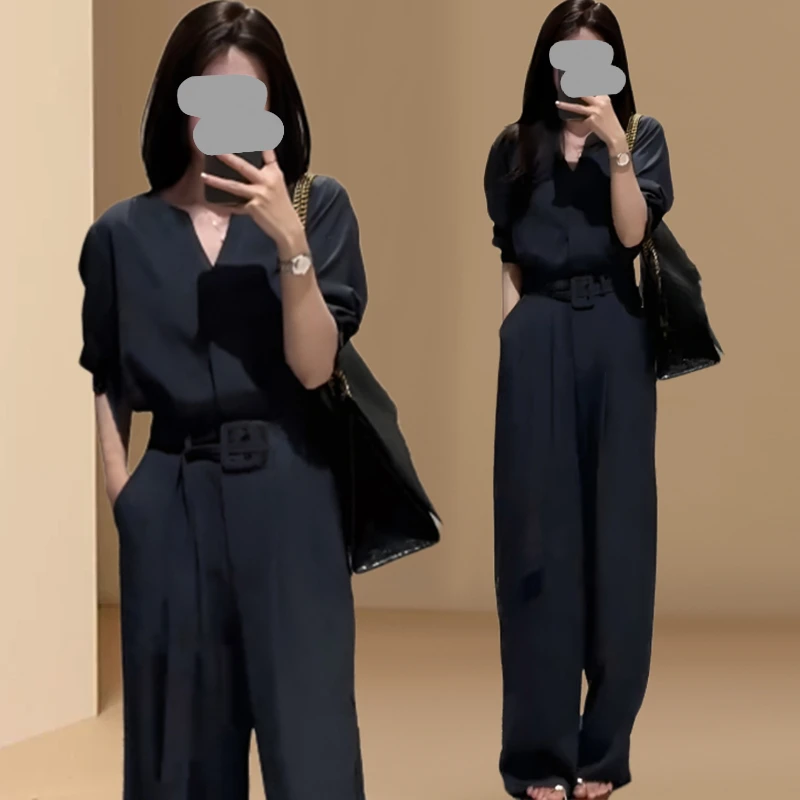 酷飒通勤风时髦连体裤2025夏季新款慵懒风V领收腰显瘦连体宽松裤