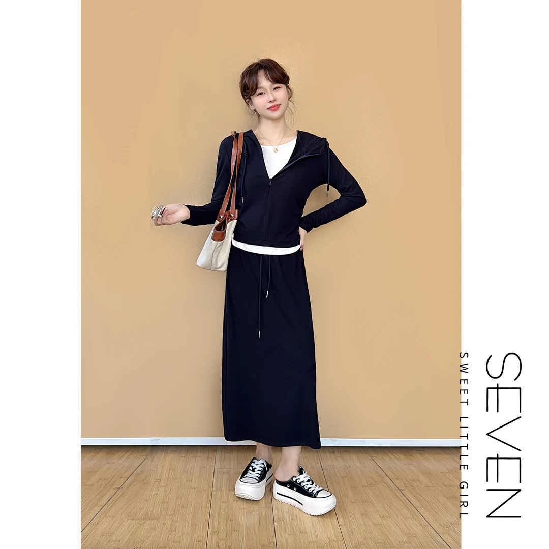 休闲套装⑧七七146小个子韩系风连帽卫衣套装女半身裙两件套小美说