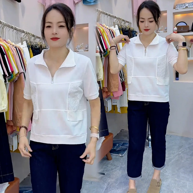 高含棉时尚设计感半拉链翻领短袖t恤女2025夏季新款宽松显瘦上衣