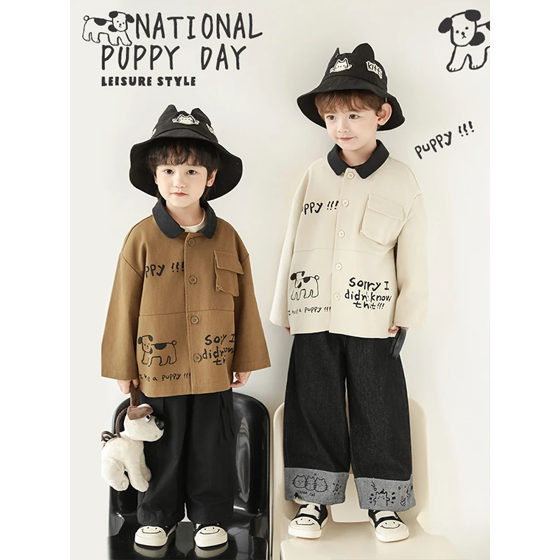 幼悠男童春季新款翻领工装外套时尚百搭儿童痞帅春装上衣N5784