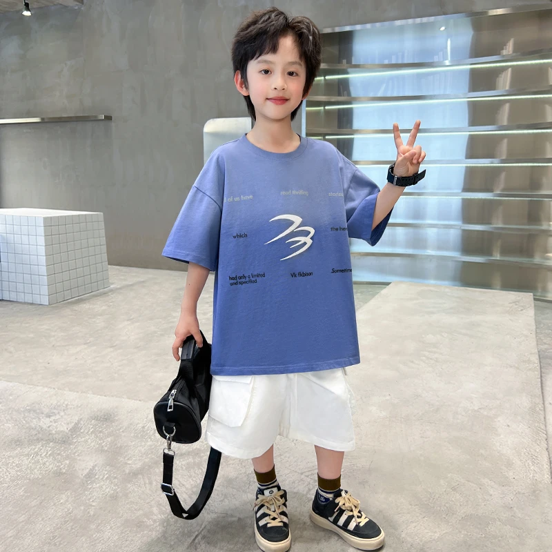 中班仔童装男童套装2025夏季新款渐变T恤五分裤儿童两件套*ZH2488