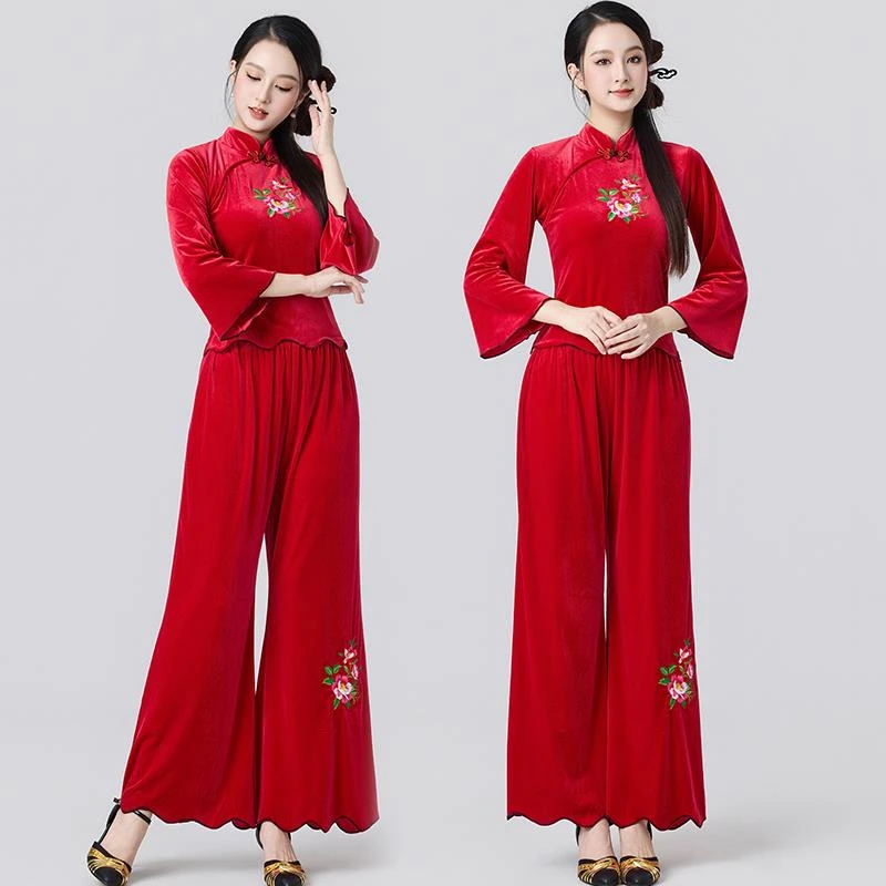 2025新款广场舞服装女秋冬韩国绒舞蹈套装秧歌古典民族舞表演出服
