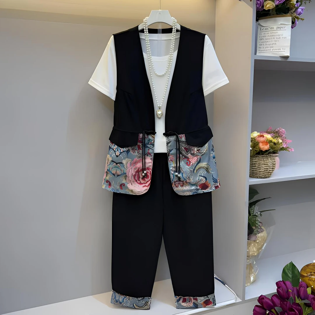 新款大码女装时尚洋气复古盘扣新中式马甲三件套套装