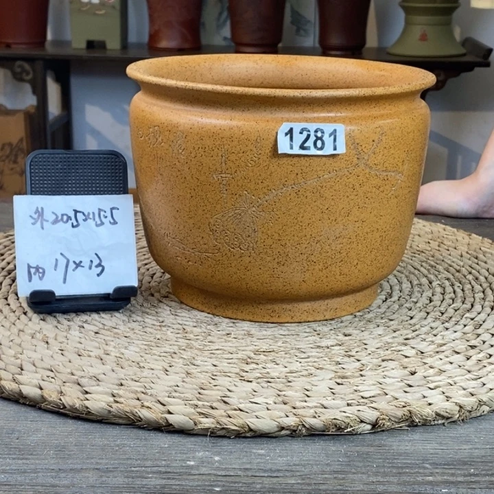 紫砂花盆  放漏特惠柴烧刻绘鱼趣小缸盆1281