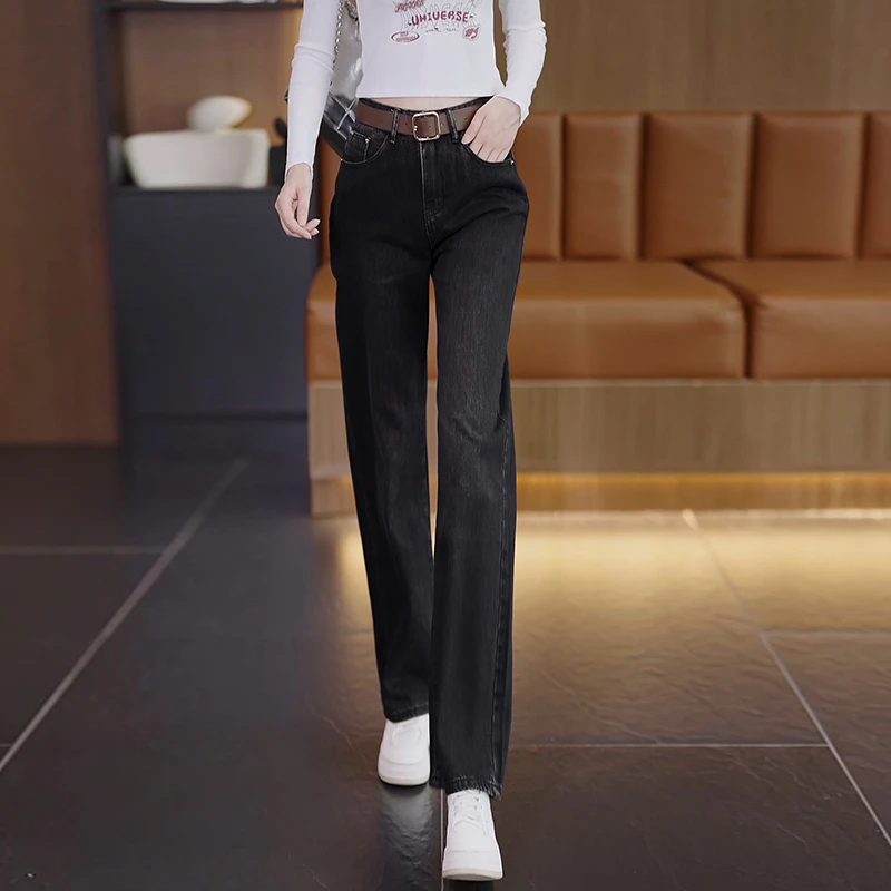 拉夏贝尔春秋季牛仔裤女2025新款高腰显瘦百搭宽松休闲直筒阔腿裤