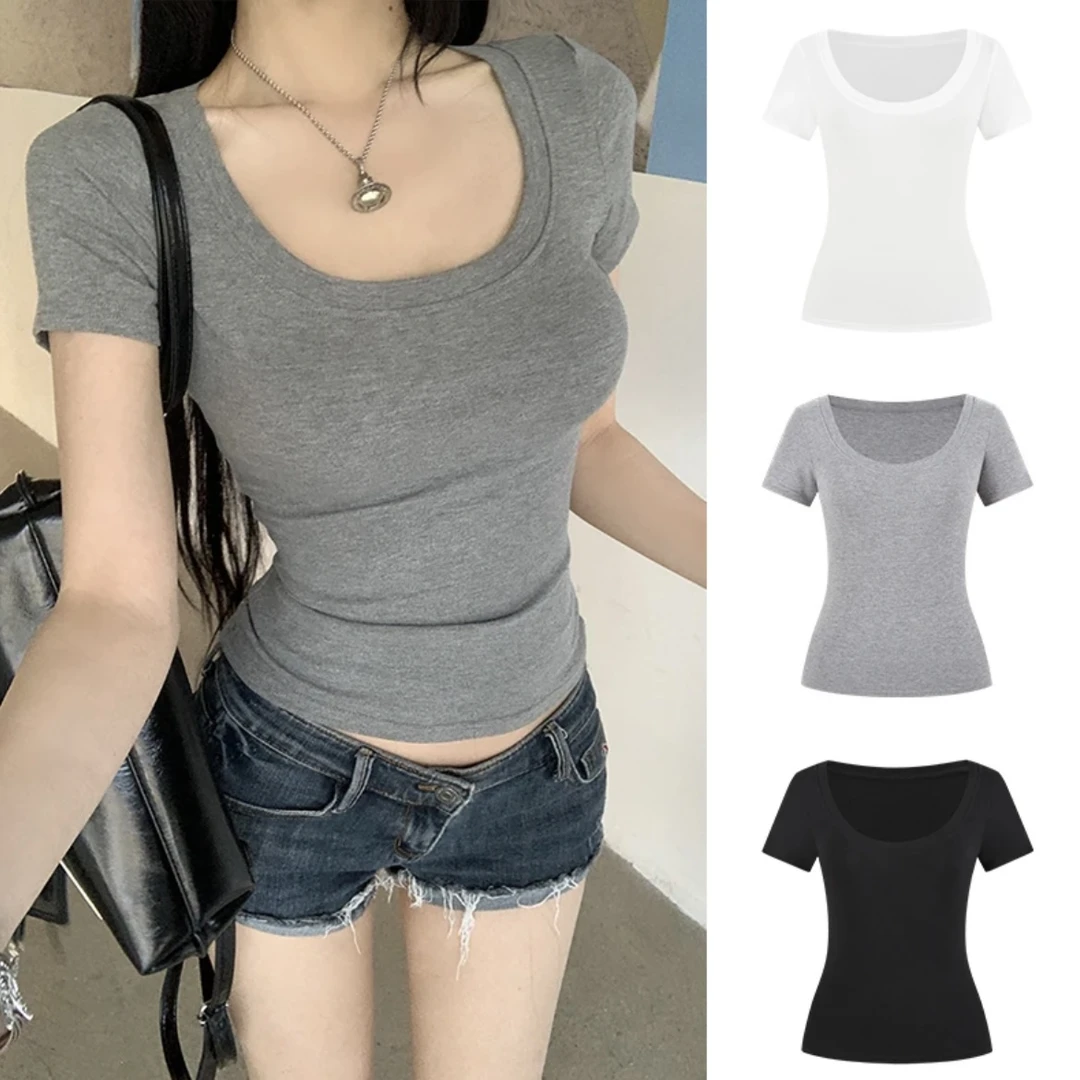 纯欲方领短袖t恤女夏季2025新款正肩甜辣妹chic粉色短款茶艺上衣