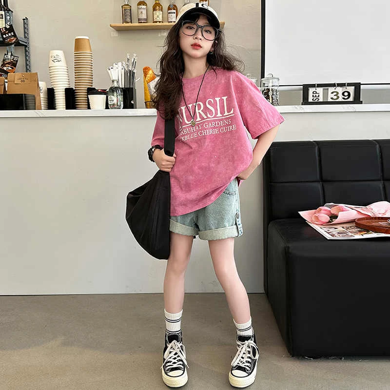 【100%纯棉】女童短袖T恤纯棉夏装2025洋气女孩中大童半袖上衣夏季V