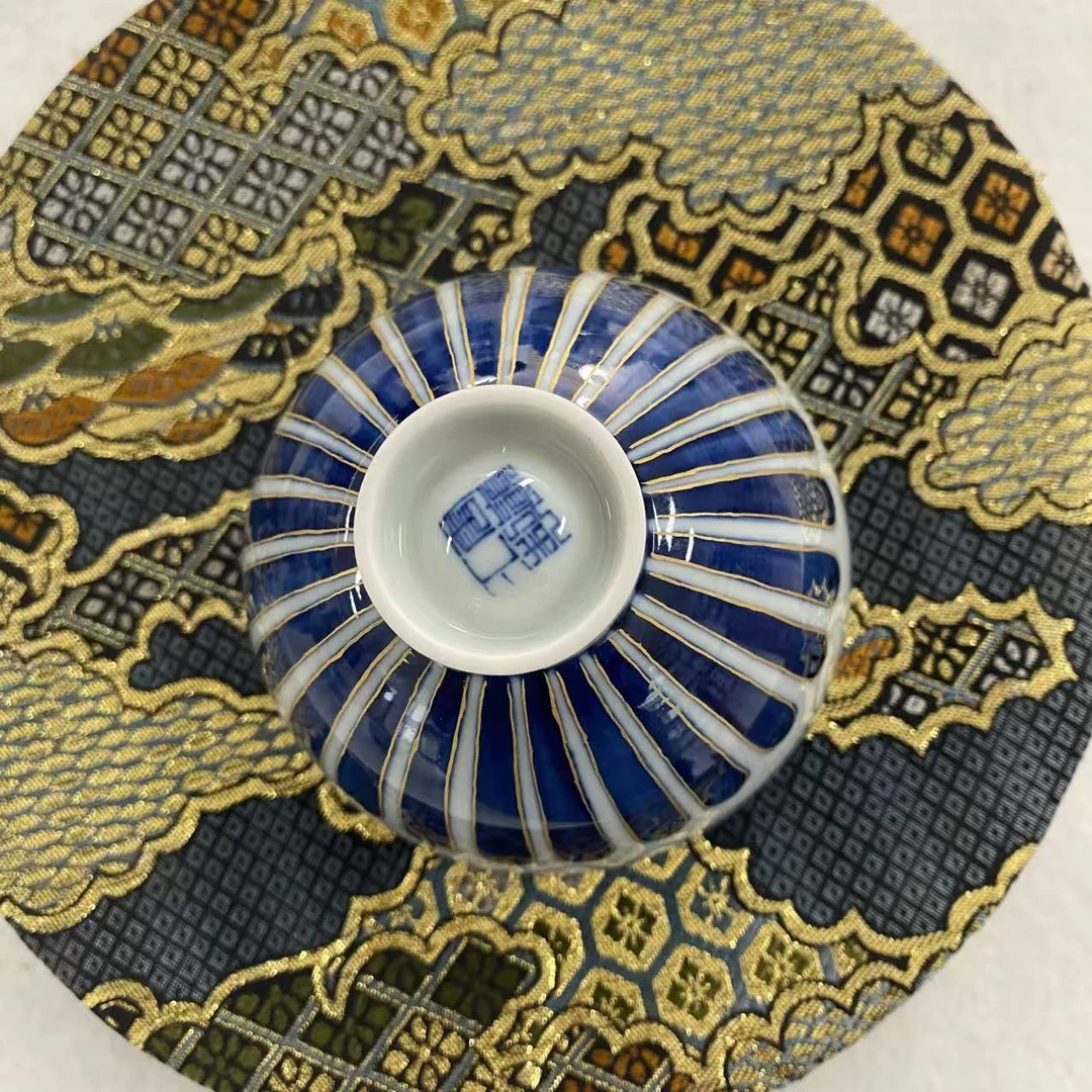 云巅汇制 青花青瓷描金 十二花神 鸡心杯