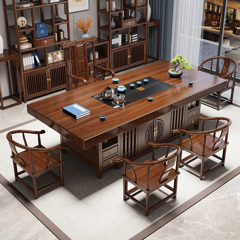 实木原木大板茶桌椅组合办公室禅意茶几一桌五椅家用新中式泡茶台