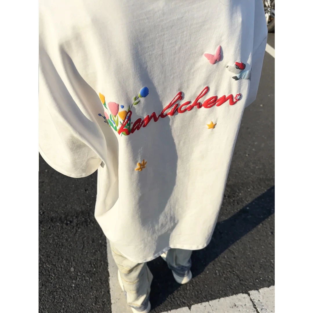 美式复古小狗字母发泡短袖男款夏季潮牌重磅纯棉T恤硬挺情侣半袖