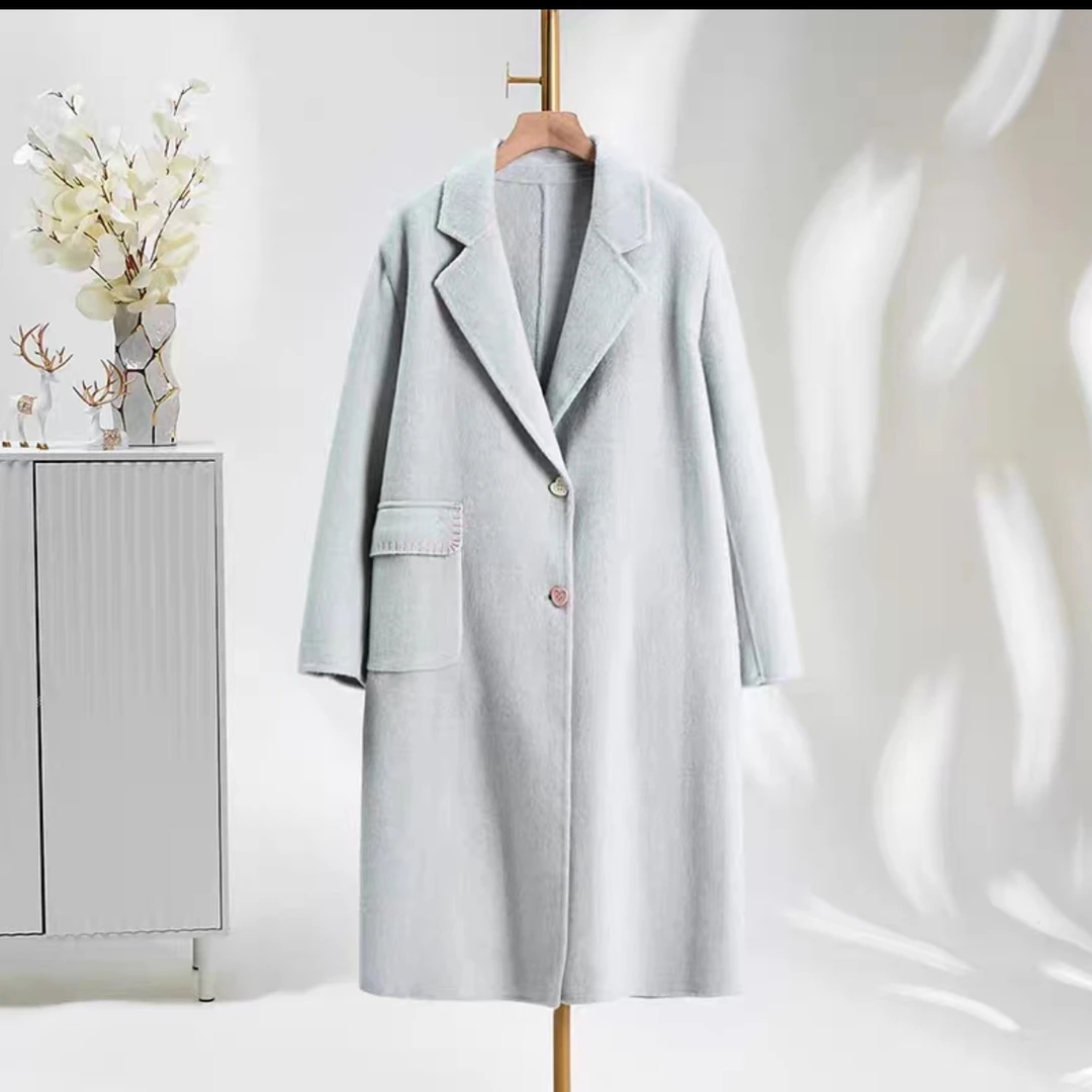 设计师款女士单排扣单口袋加长款双羊毛秋冬外套时尚简约正肩款