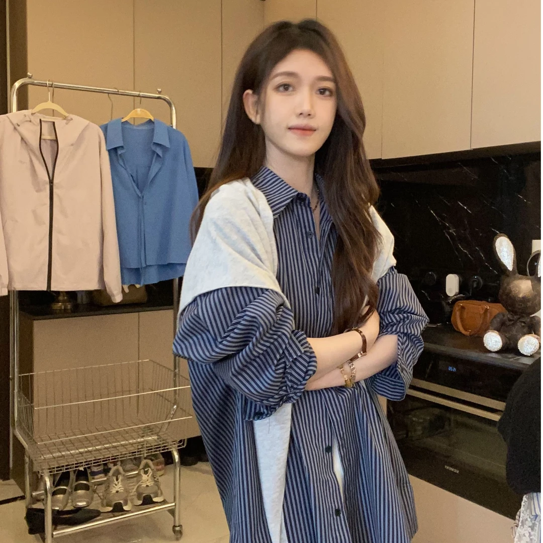 披肩衬衫女宽松休闲韩版宽松百搭条纹衬衣