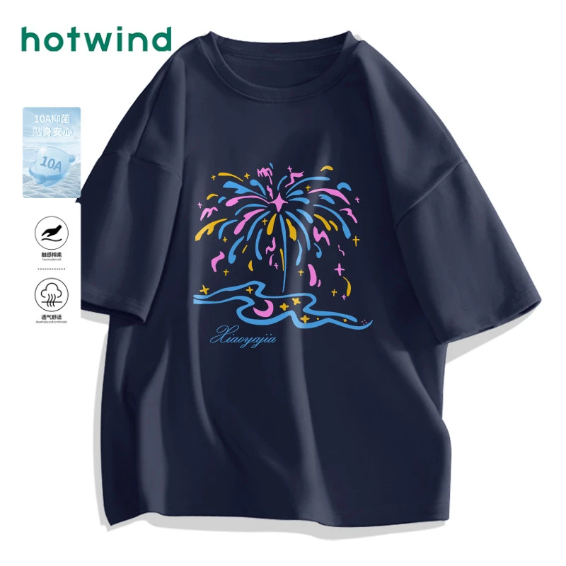 Hotwind/热风韩系小众短袖T恤男女纯棉潮牌ins风涂鸦宽松显瘦新款