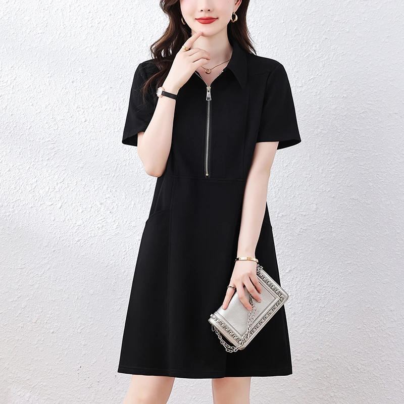 1351 简约休闲翻领黑色连衣裙夏季新款拉链时尚气质显瘦大码a字裙