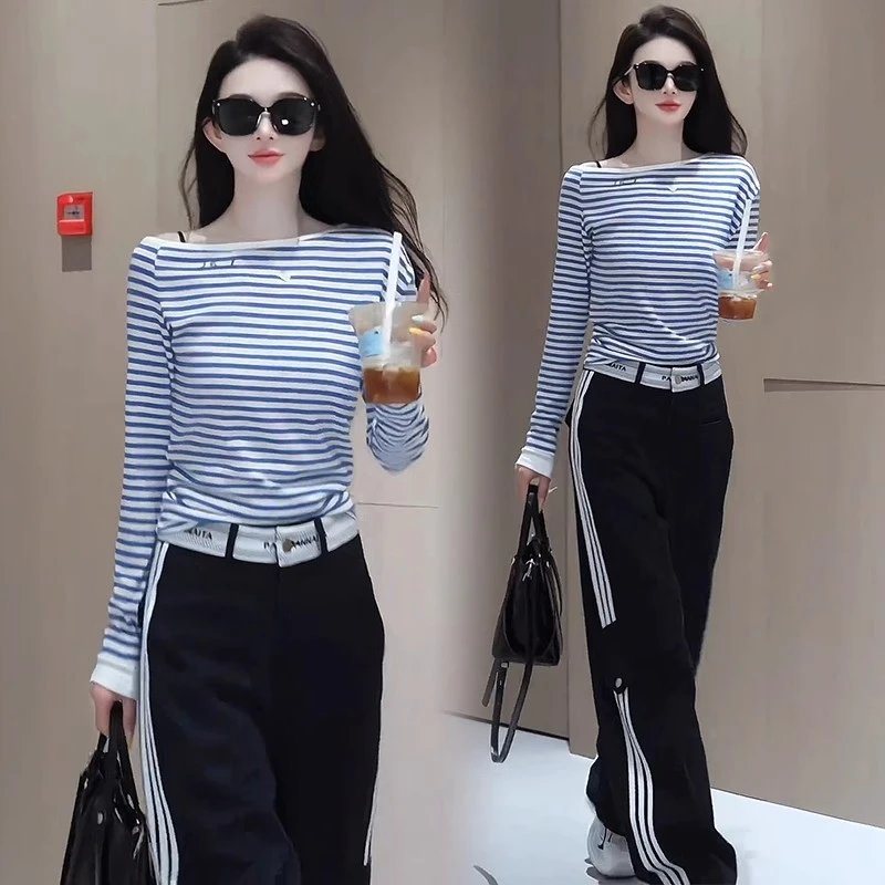 时尚套装女2025吃春季新款洋气显瘦条纹T恤高腰阔腿裤休闲两件套